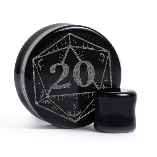 Nat20 Die D & D Plug / Gauge - Schwarzes Glas | Doppelaufgeweitet mit flachem Gesicht