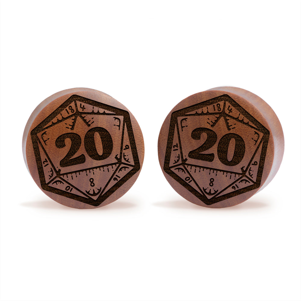 Nat 20 Die D&D Plug / Gauge - Saba Wood | Convex Double Flare - Lasered To Order In House At Custom Plugs HQ
