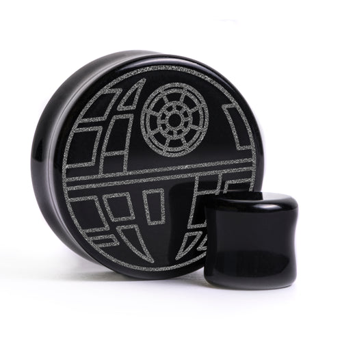 Death Star Plug - Schwarzes Glas | Doppelaufgeweitet mit flachem Gesicht