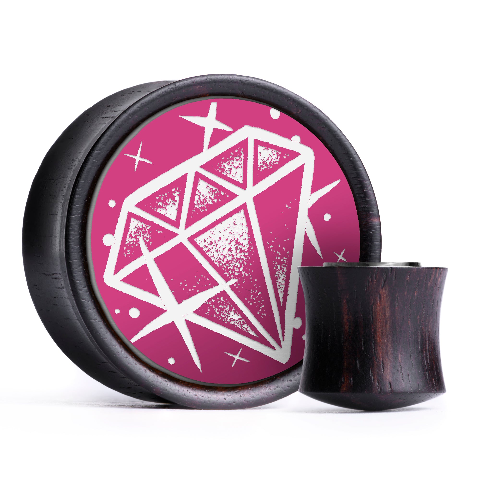 Diamond Plug / Gauge - Pink & White Inlay Ebony Wood | Convex Double Flare
