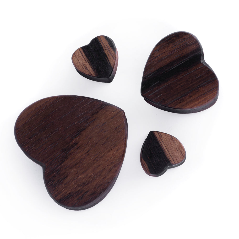 Ebony Wood Heart Shaped Wood Ear Plug / Gauge - Double Flare Wooden Ear Plugs / Gauges in 8mm (0g), 20mm (13/16th), 30mm (1.18")