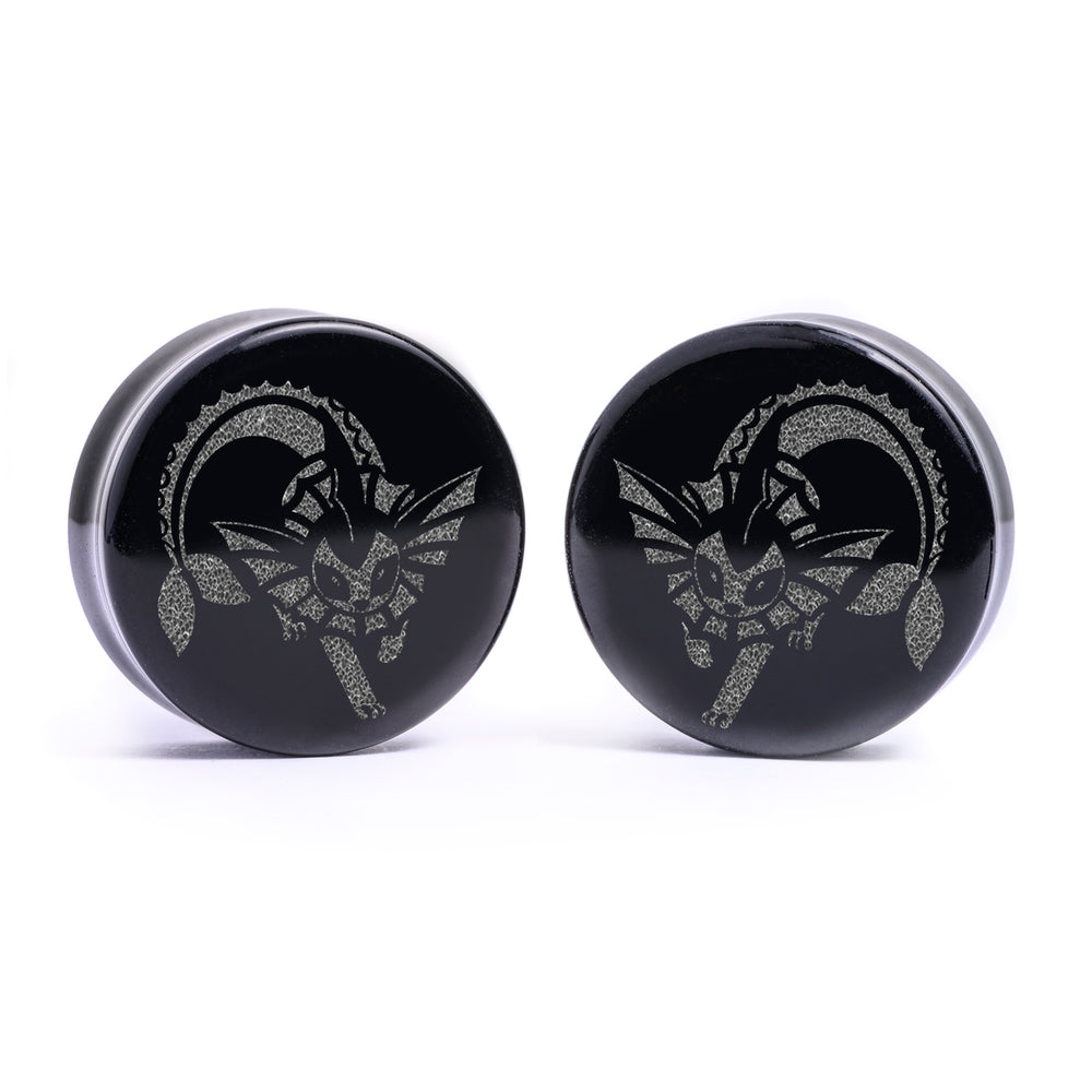 Vaporeon Plug / Gauge - Black Glass | Flat Faced Double Flare - Lasered To Order In House At Custom Plugs HQ