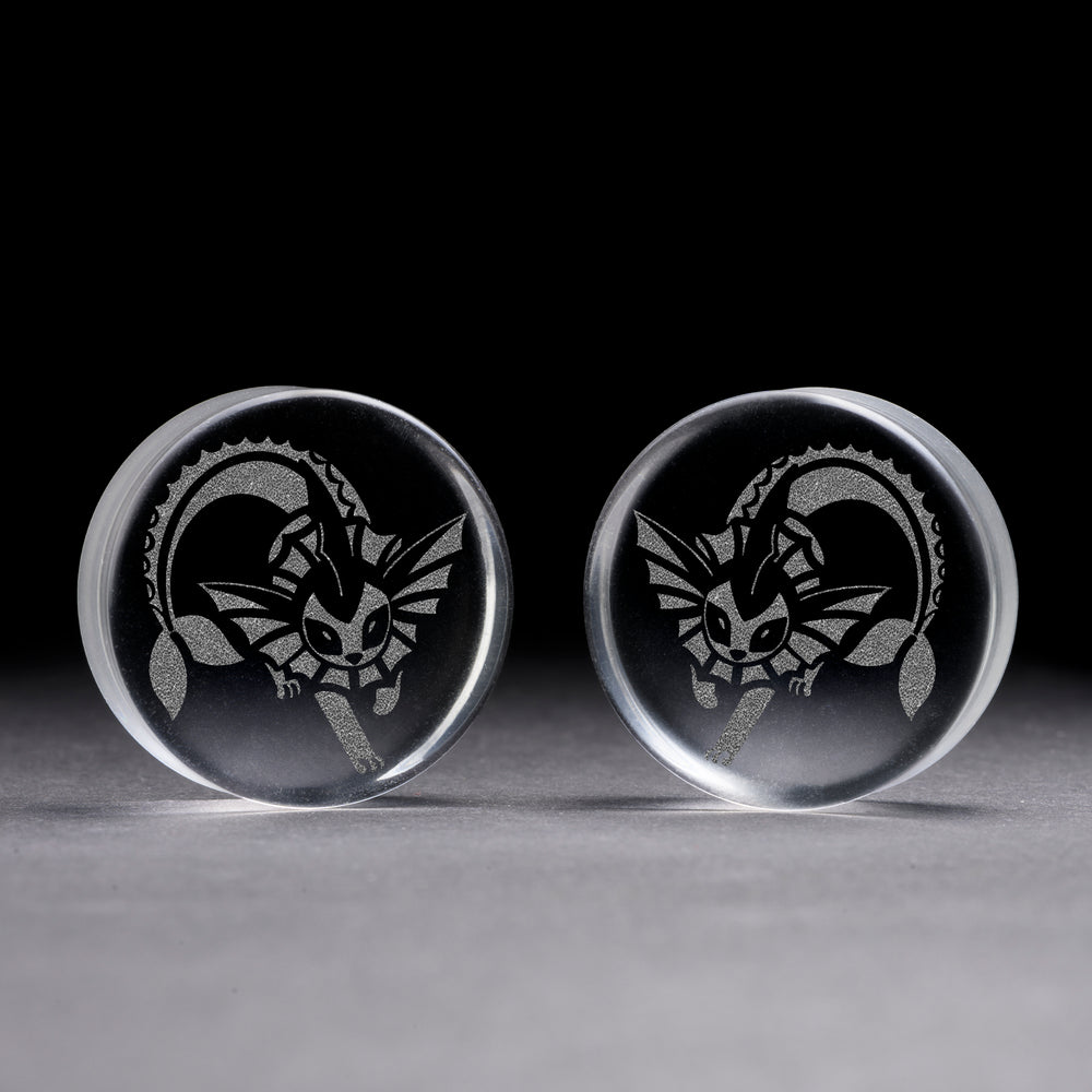 Vaporeon Plug / Gauge - Clear Glass | Flat Faced Double Flare - Lasered To Order In House At Custom Plugs HQ