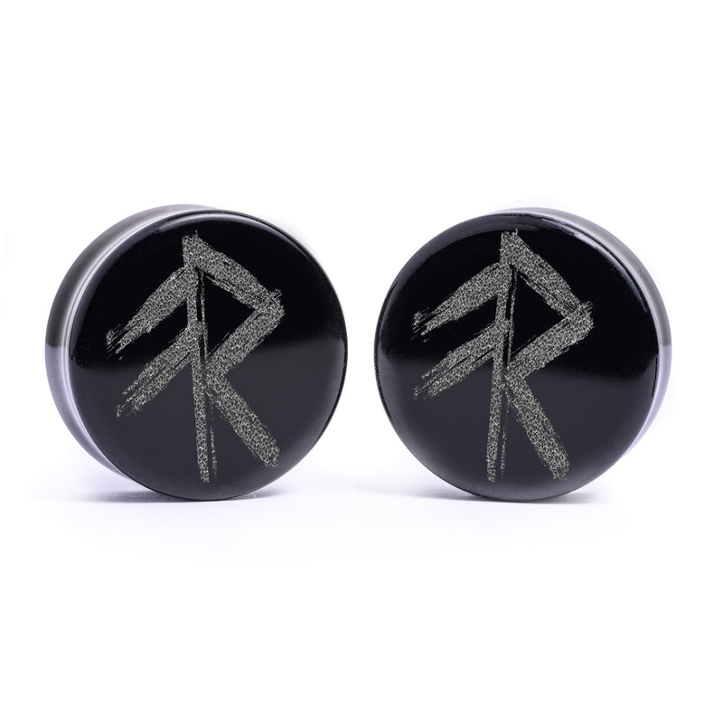 Plug / Gauge Rune viking de l'énergie - Verre noir | Face plate double évasé