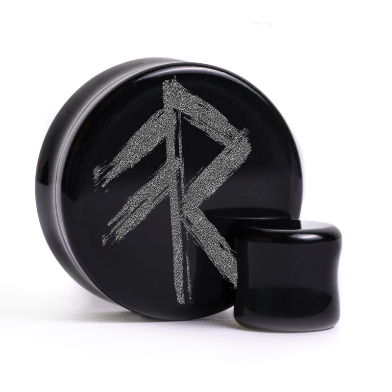 Plug / Gauge Rune viking de l'énergie - Verre noir | Face plate double évasé