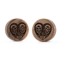 Plug / Gauge FU2 crâne cœur - Bois de teck | Face plate double évasé