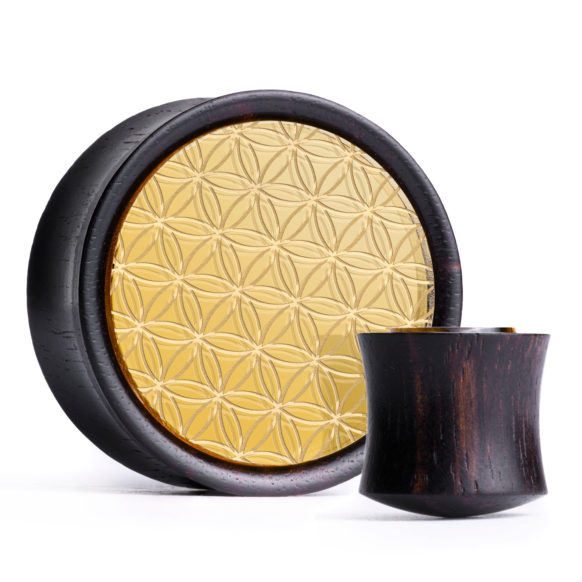 Flower Of Life Plug / Gauge - Gold Inlay Ebony Wood | Convex Double Flare