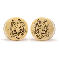 Plug / calibre masque de renard Kitsune - bois crocodile | double évasement à face plate