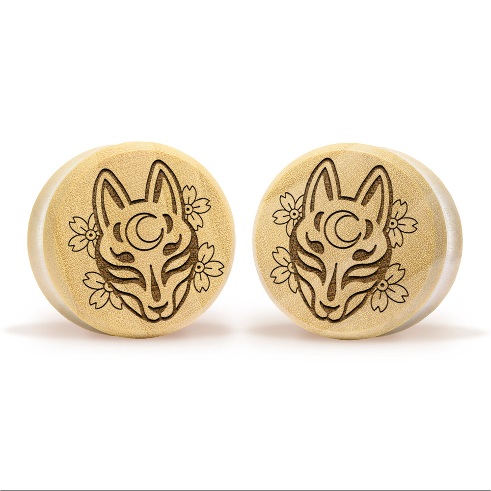 Kitsune Fox Mask Plug / Gauge - Krokodilholz | Doppelaufgeweitet mit flachem Gesicht
