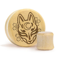 Plug / calibre masque de renard Kitsune - bois crocodile | double évasement à face plate