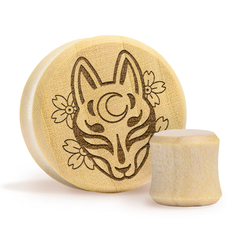 Kitsune Fox Mask Plug / Gauge - Krokodilholz | Doppelaufgeweitet mit flachem Gesicht