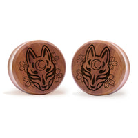 Kitsune Fox Mask Plug / Gauge - Bois de Saba | Double collerette plate