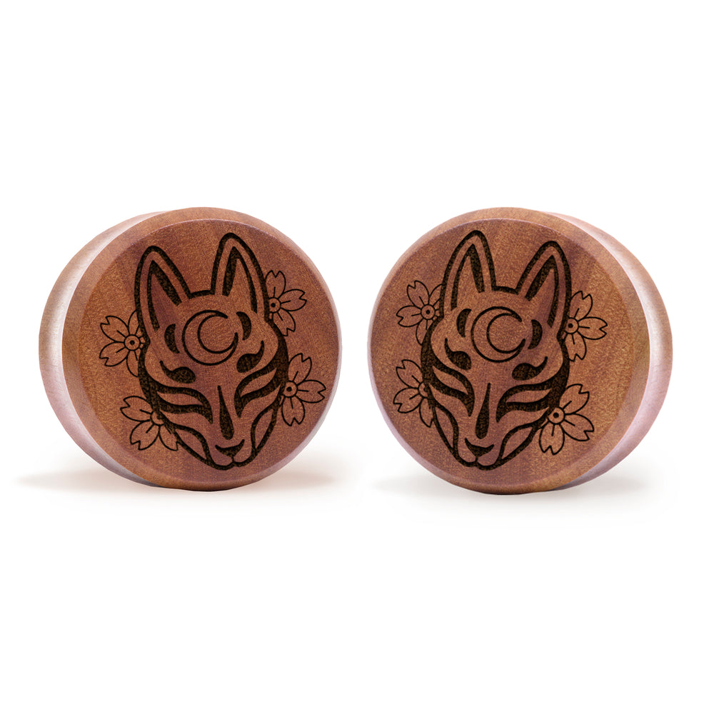 Kitsune Fox Mask Plug / Gauge - Saba Wood | Flat Faced Double Flare - Lasered To Order In House At Custom Plugs HQ
