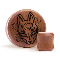 Kitsune Fox Mask Plug / Gauge - Bois de Saba | Double collerette plate