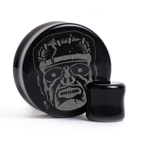 Frankenstein Plug / Gauge - Schwarzes Glas | Doppelaufgeweitet mit flachem Gesicht