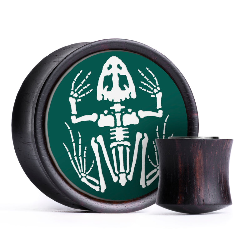 Plug / Gauge Squelette de grenouille - Bois d'ébène incrustation vert foncé et blanc | Convexe double évasé