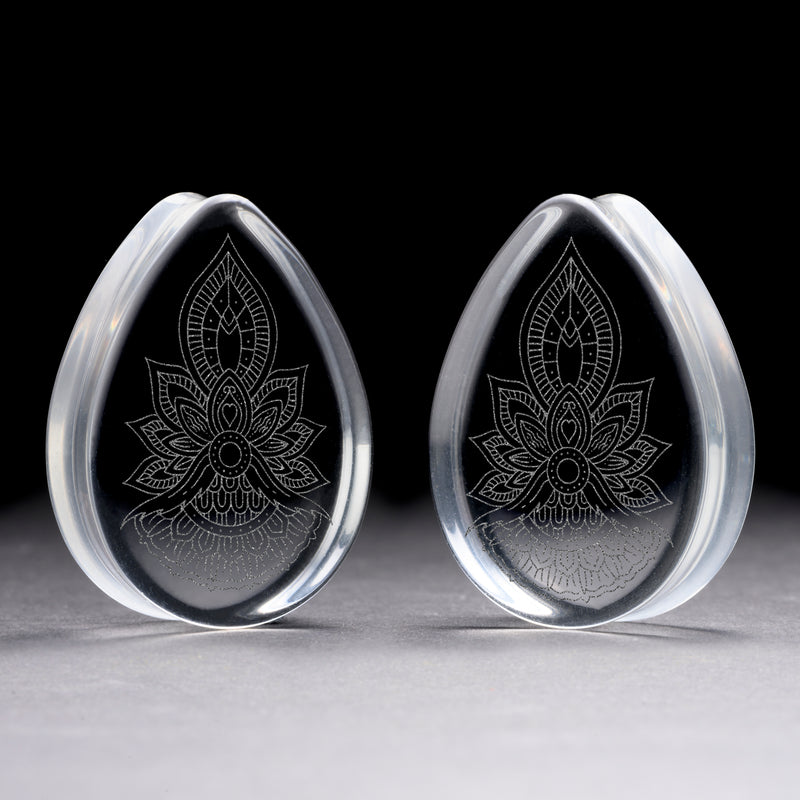 Plug fleur géométrique / jauge - Goutte en verre transparent | Double collerette plate
