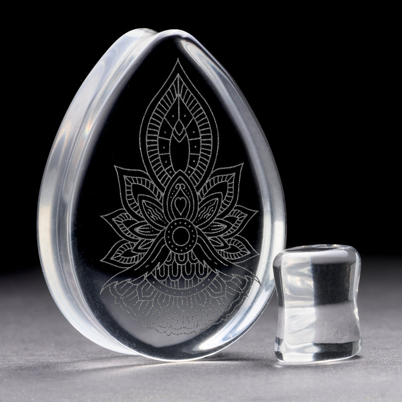 Plug fleur géométrique / jauge - Goutte en verre transparent | Double collerette plate