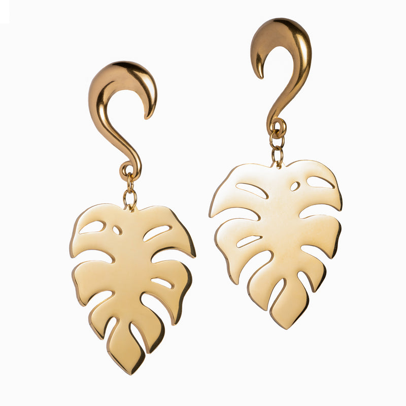 Pendants d'oreille feuille de Monstera en acier doré - Paire
