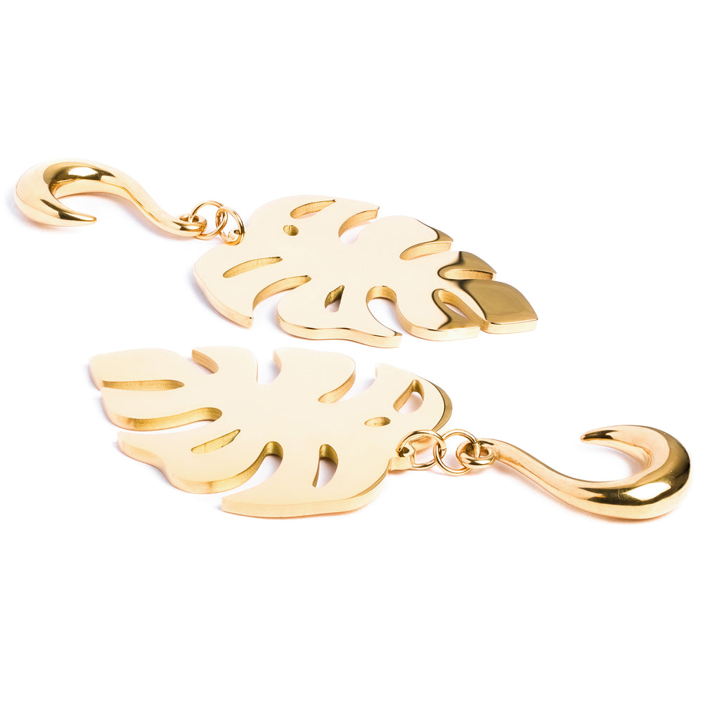 Gold Monstera Leaf Earring Hangers (Pair) - Pair of Gold & Stone Ear Weights