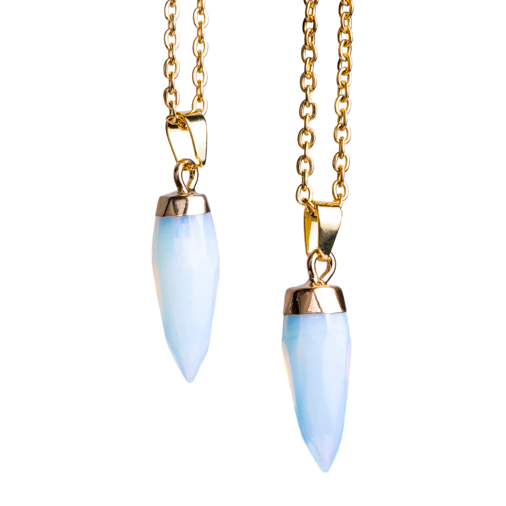 Two Gold & Opalite Necklaces with gold-colored chains and faceted opalite stone pendants, displayed against a white background.