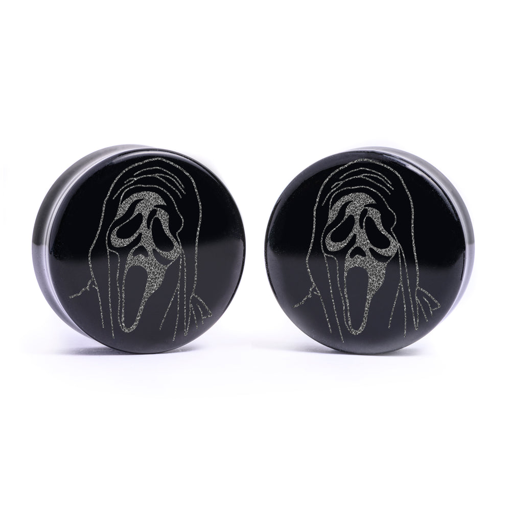 Ghostface Plug / Gauge - Black Glass | Flat Faced Double Flare - Lasered To Order In House At Custom Plugs HQ