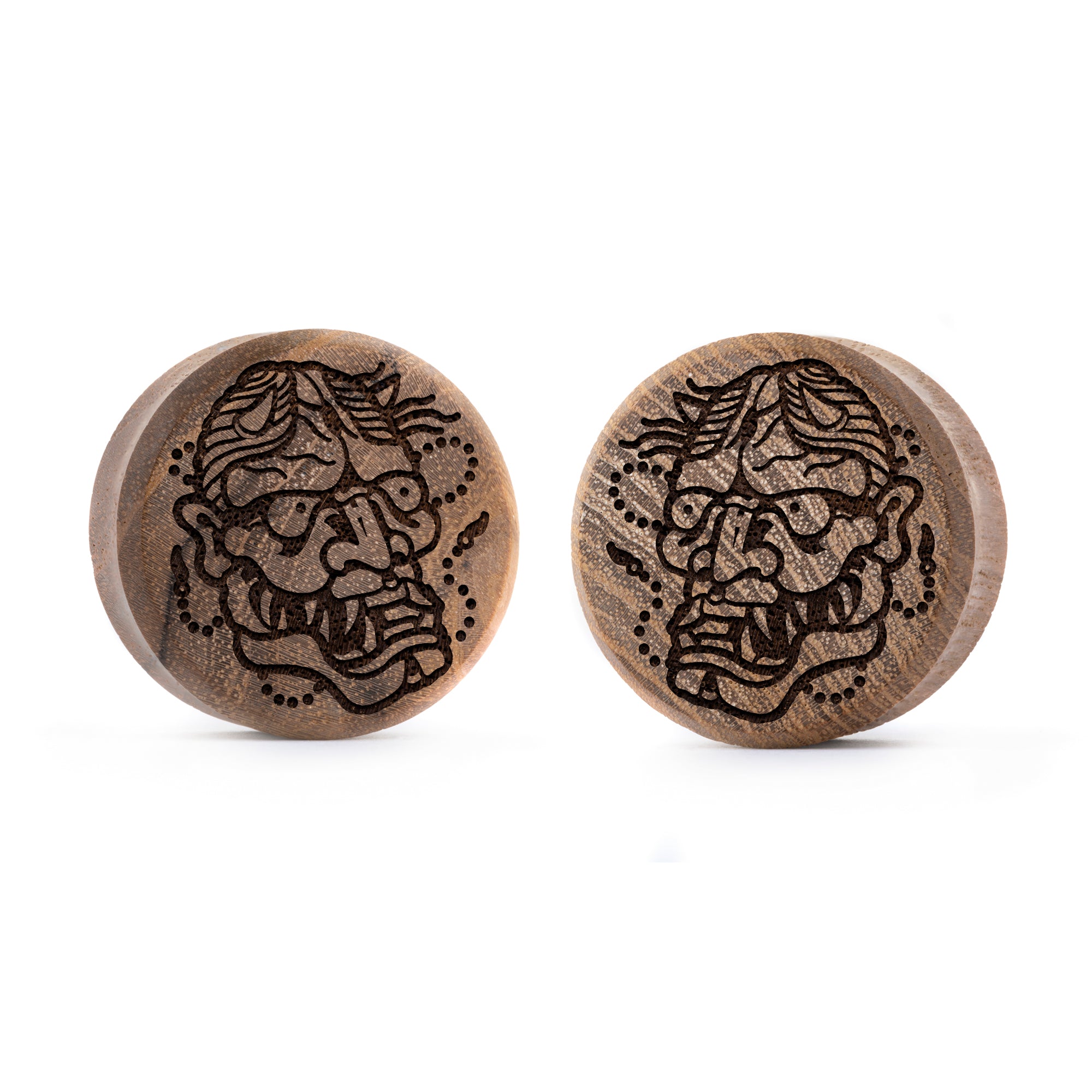Hannya Mask Plug / Gauge - Teakholz | Doppelaufgeweitet mit flachem Gesicht