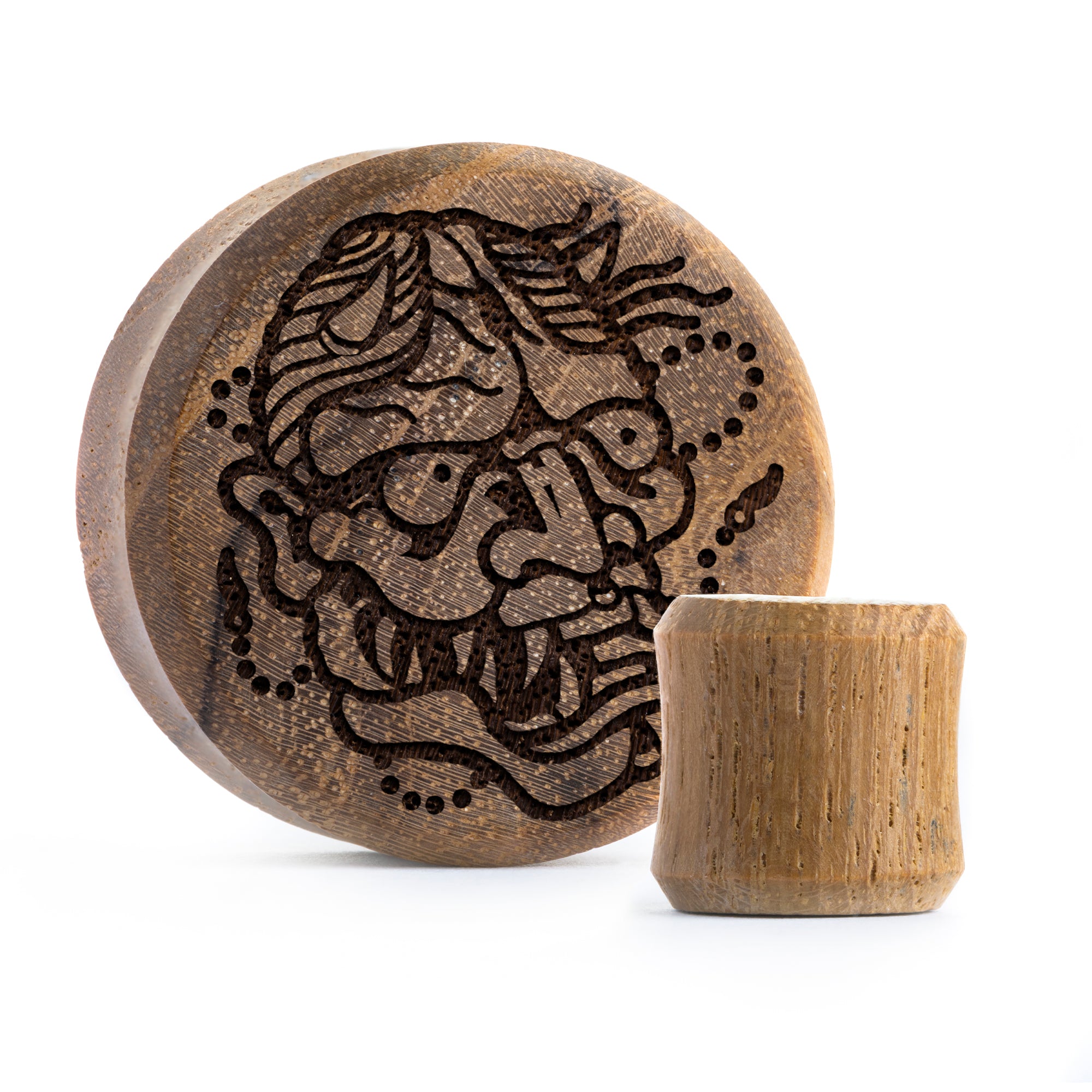 Hannya Mask Plug / Gauge - Teakholz | Doppelaufgeweitet mit flachem Gesicht