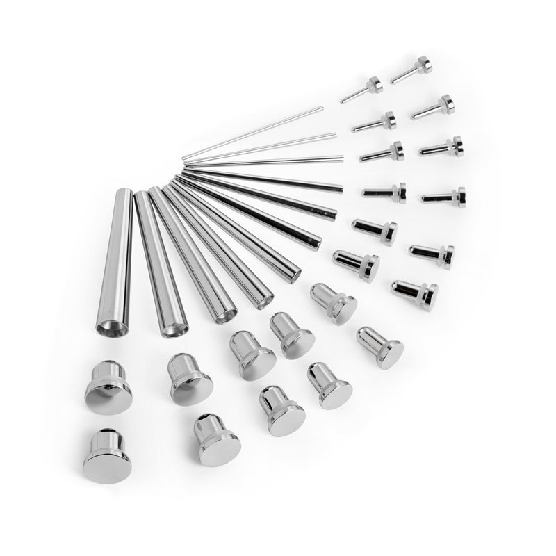 Beginner Ear Stretching Kit, Surgical Steel Taper & Silver Steel Plug / Gauge- 33 Piece