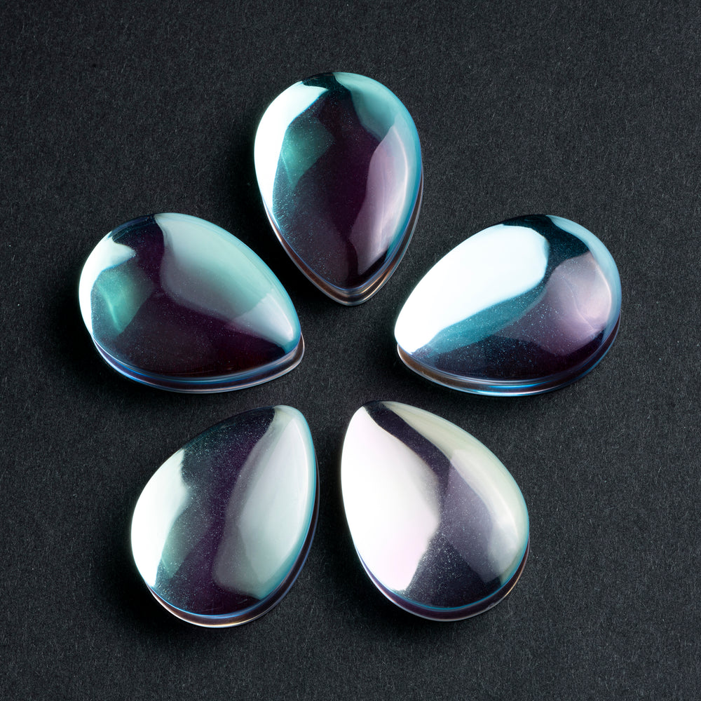 Blue & Green Iridescent Teardrop  Glass Plug / Gauge - Double Flare Glass Ear Plugs / Gauges in 10mm (00g), 20mm (13/16th), 30mm (1.18")