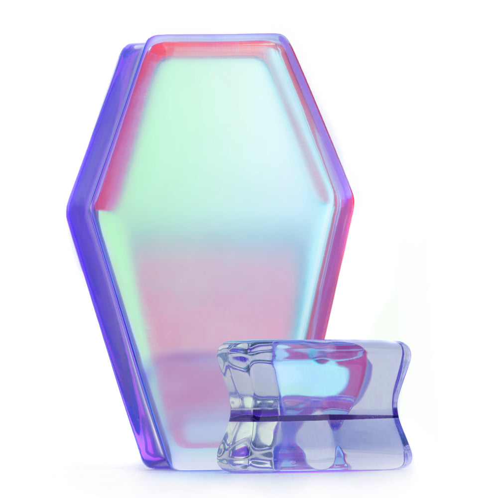 Iridescent Purple Coffin  Glass Plug / Gauge - Double Flare Glass Ear Plugs / Gauges in 10mm (00g), 20mm (13/16th), 30mm (1.18")