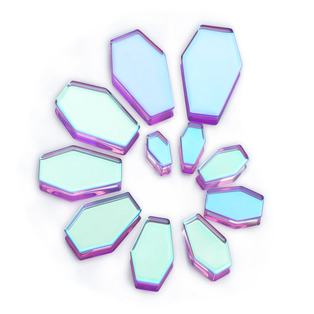 Iridescent Purple Coffin  Glass Plug / Gauge - Double Flare Glass Ear Plugs / Gauges in 10mm (00g), 20mm (13/16th), 30mm (1.18")