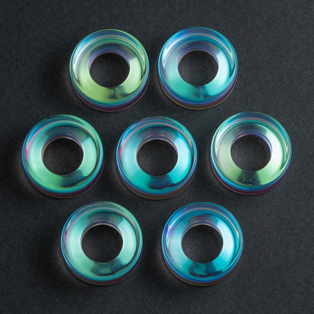 Blue & Green Iridescent Glass Ear Tunnel - Double Flare Glass Ear Plugs / Gauges in 10mm (00g), 20mm (13/16th), 30mm (1.18")
