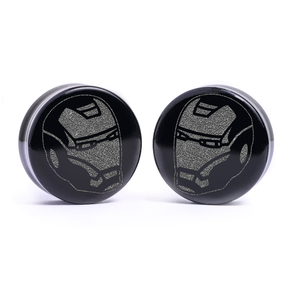 Iron Man Plug / Gauge - Black Glass | Flat Faced Double Flare - Lasered To Order In House At Custom Plugs HQ