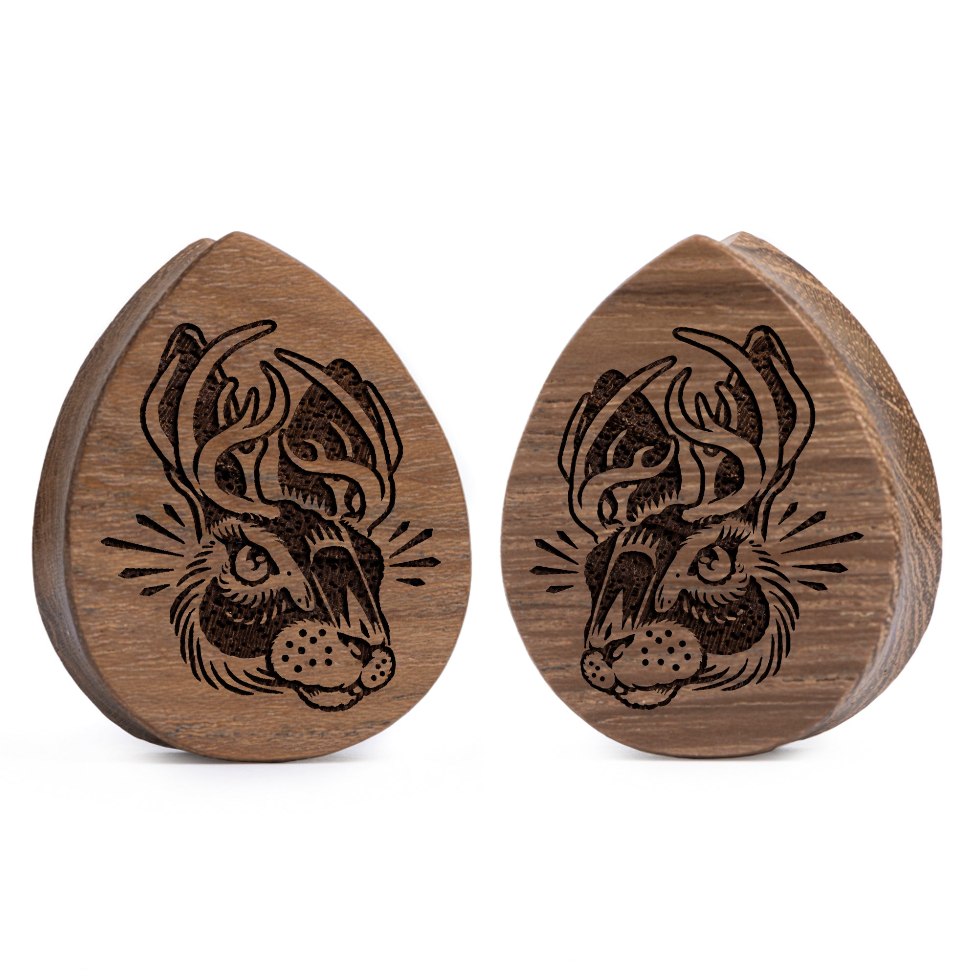 Alternative Tattooed man wearing custom made Sacrificial Lamb Plug / Gauge - Saba Wood | Flat Faced Double Flare