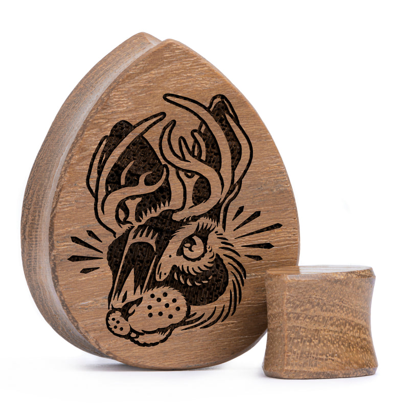 Plug / Gauge Jackalope - Bois de teck en goutte | Face plate double évasé