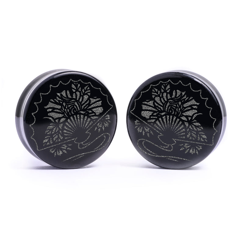 Plug / Gauge Éventail japonais - Verre noir | Face plate double évasé