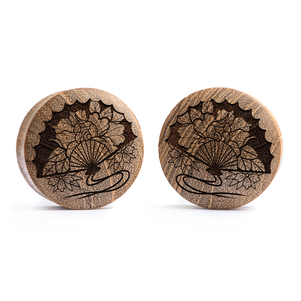 Japanese Fan Plug / Gauge - Teak Wood | Convex Double Flare - Lasered To Order In House At Custom Plugs HQ