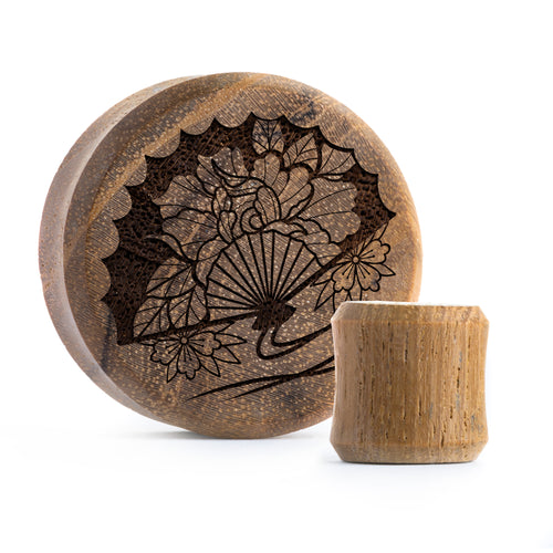 Japanese Fan Plug / Gauge - Teak Wood | Flat Faced Double Flare