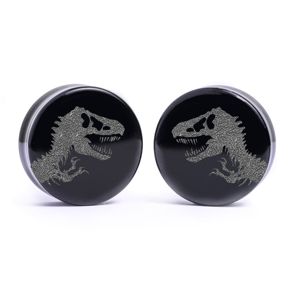 Jurassic Park Logo Plug / Gauge - Black Glass | Flat Faced Double Flare - Lasered To Order In House At Custom Plugs HQ