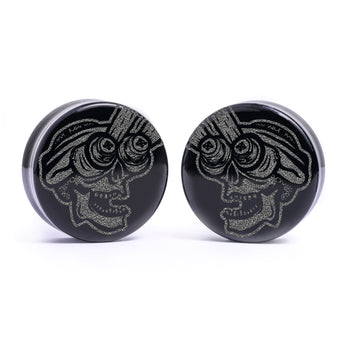 Night Vision Skull Plug / Gauge - Black Glass | Flat Faced Double Flare