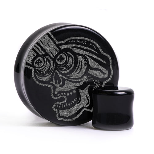 Night Vision Skull Plug / Gauge - Black Glass | Flat Faced Double Flare