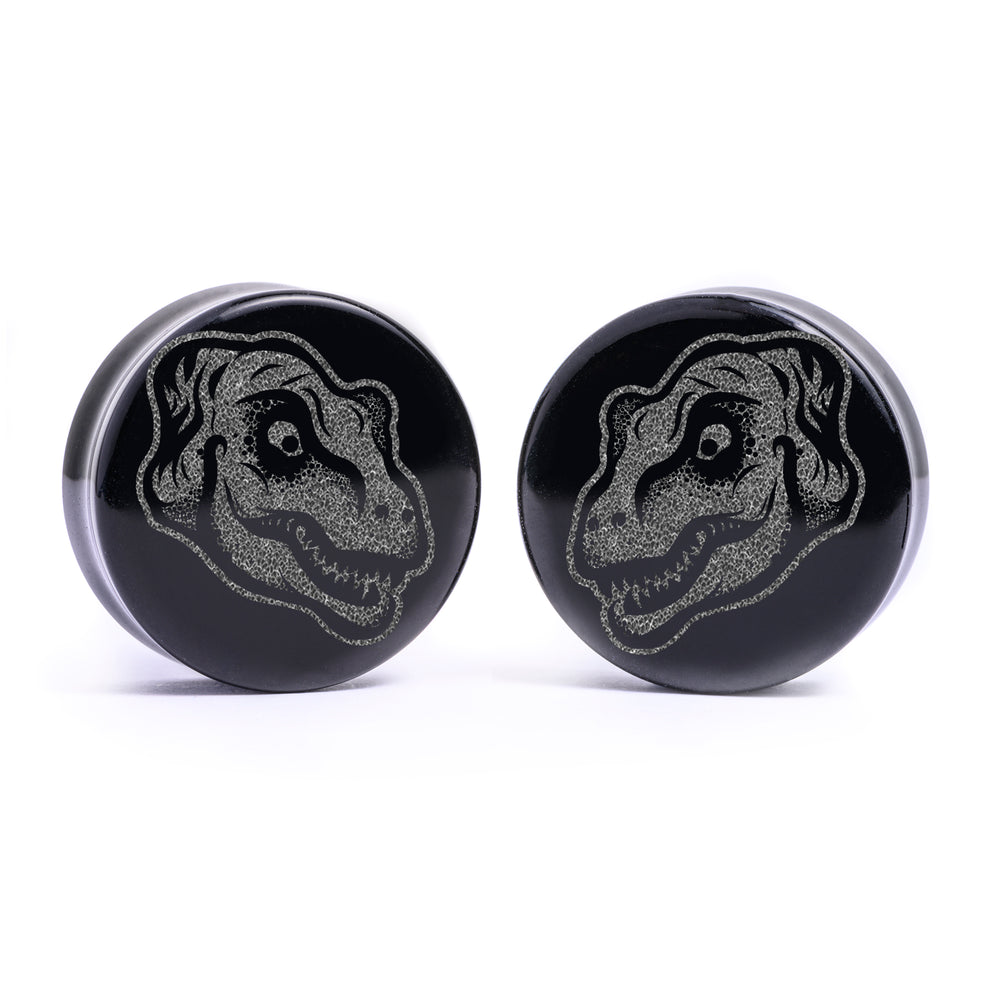 T-Rex Head Plug / Gauge - Black Glass | Flat Faced Double Flare - Lasered To Order In House At Custom Plugs HQ