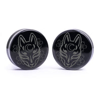 Plug / Gauge Masque de renard Kitsune - Verre noir | Face plate double évasé