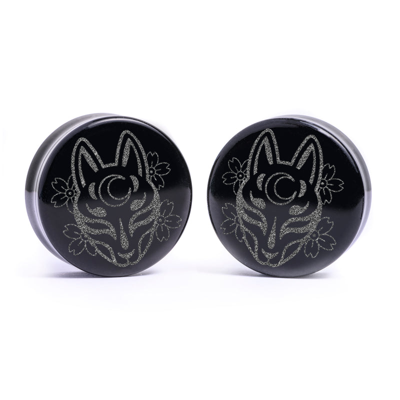 Plug / Gauge Masque de renard Kitsune - Verre noir | Face plate double évasé