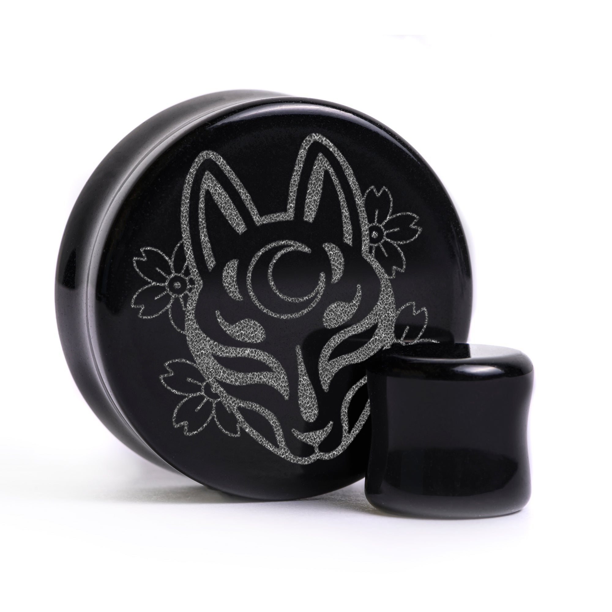 Kitsune Fox Mask Plug / Gauge - Black Glass | Flat Faced Double Flare
