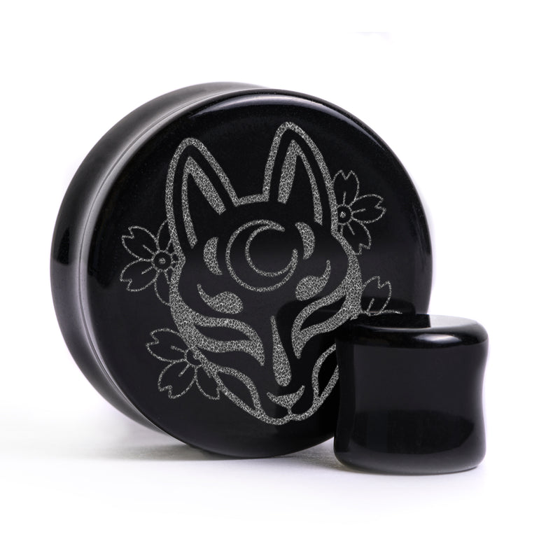 Plug / Gauge Masque de renard Kitsune - Verre noir | Face plate double évasé