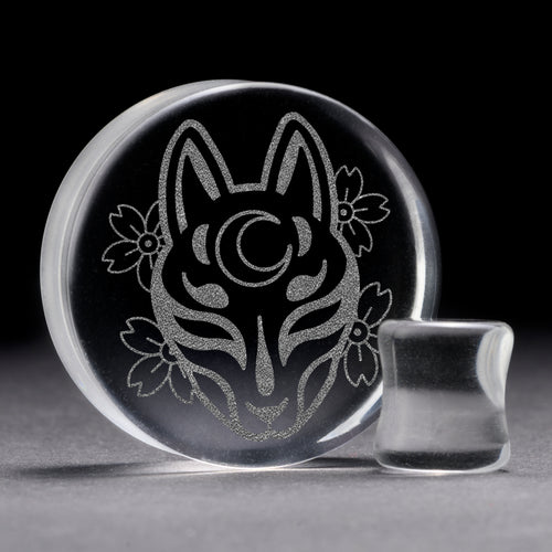 Kitsune Fox Mask Plug / Gauge - Clear Glass | Doppelaufgeweitet mit flachem Gesicht