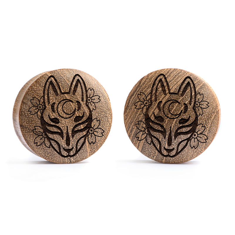 Masque de renard Kitsune Plug / Gauge - Bois de teck | Double flare convexe