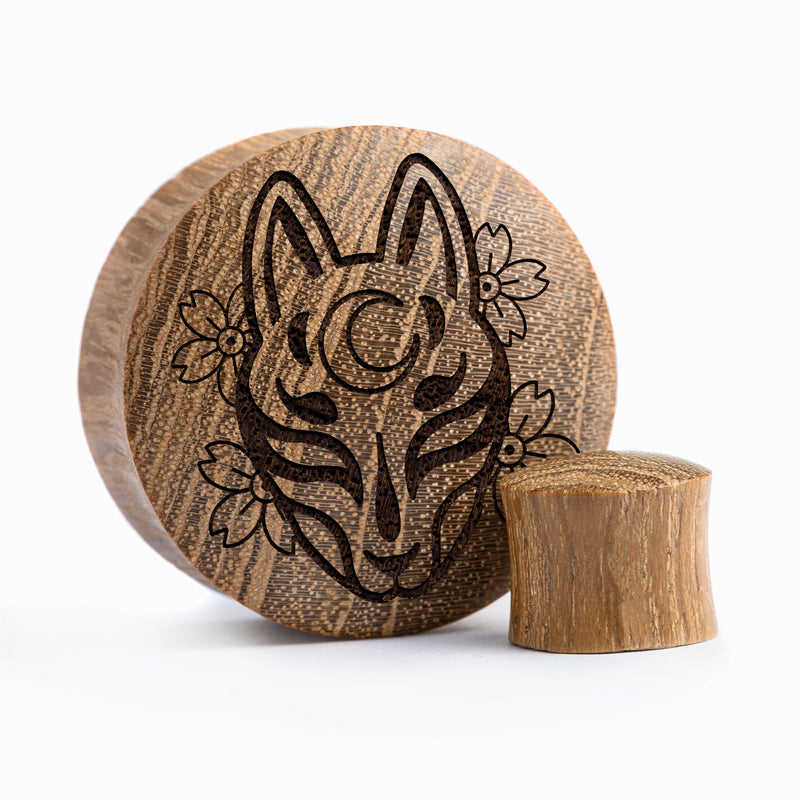 Masque de renard Kitsune Plug / Gauge - Bois de teck | Double flare convexe